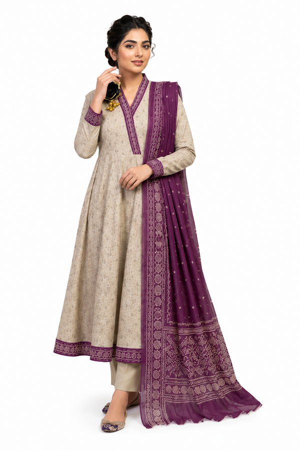 Beige & Plum Anarkali 3 Piece Lawn Suit | Graceful Summer Collection