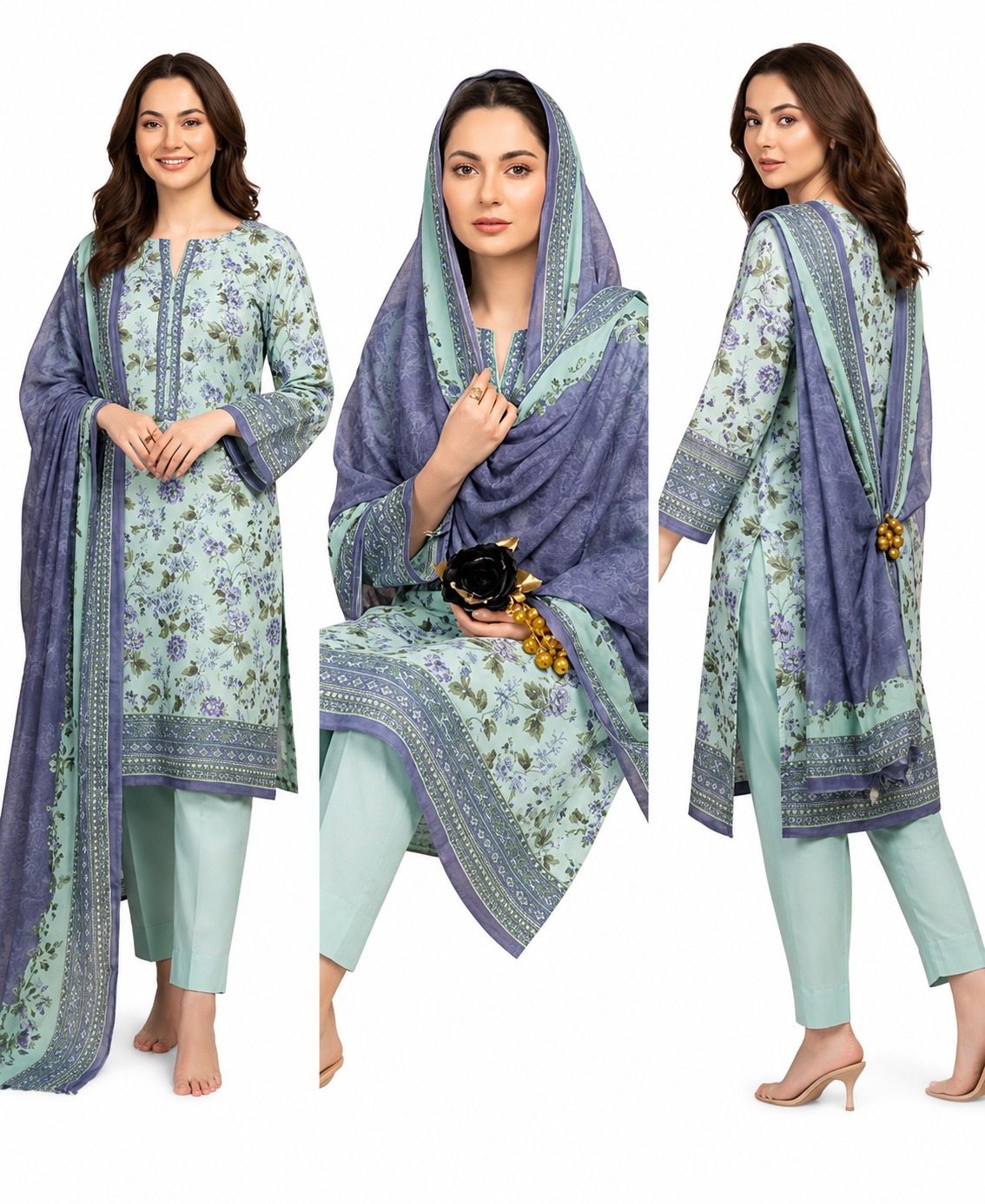 Mint Green Floral 3 Piece Lawn Suit | Elegant Summer Collection