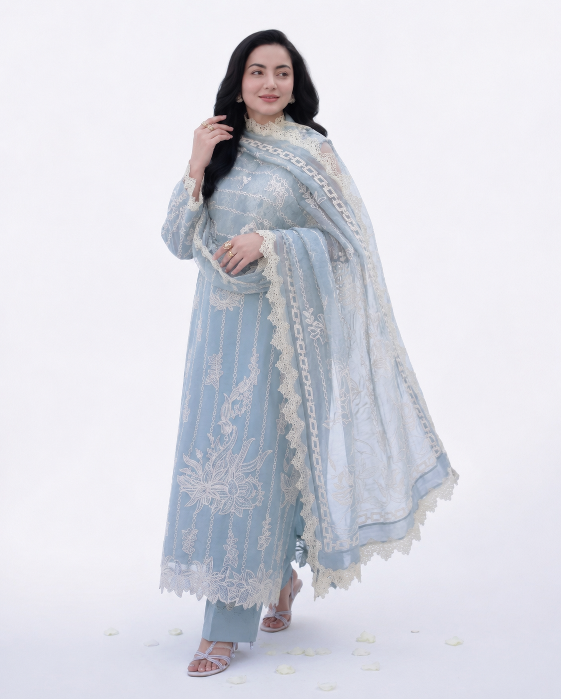 Luxury Ice Blue Embroidered 3 Piece Lawn Suit
