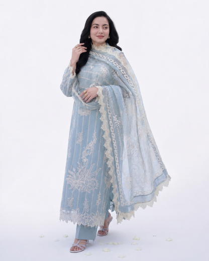 Luxury Ice Blue Embroidered 3 Piece Lawn Suit