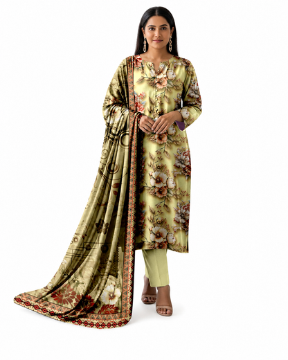 Golden Olive Floral Elegance – 3-Piece Unstitched Lawn Suite