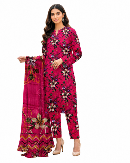 Vibrant Magenta Floral Print 3-Piece Unstitched Lawn Suit