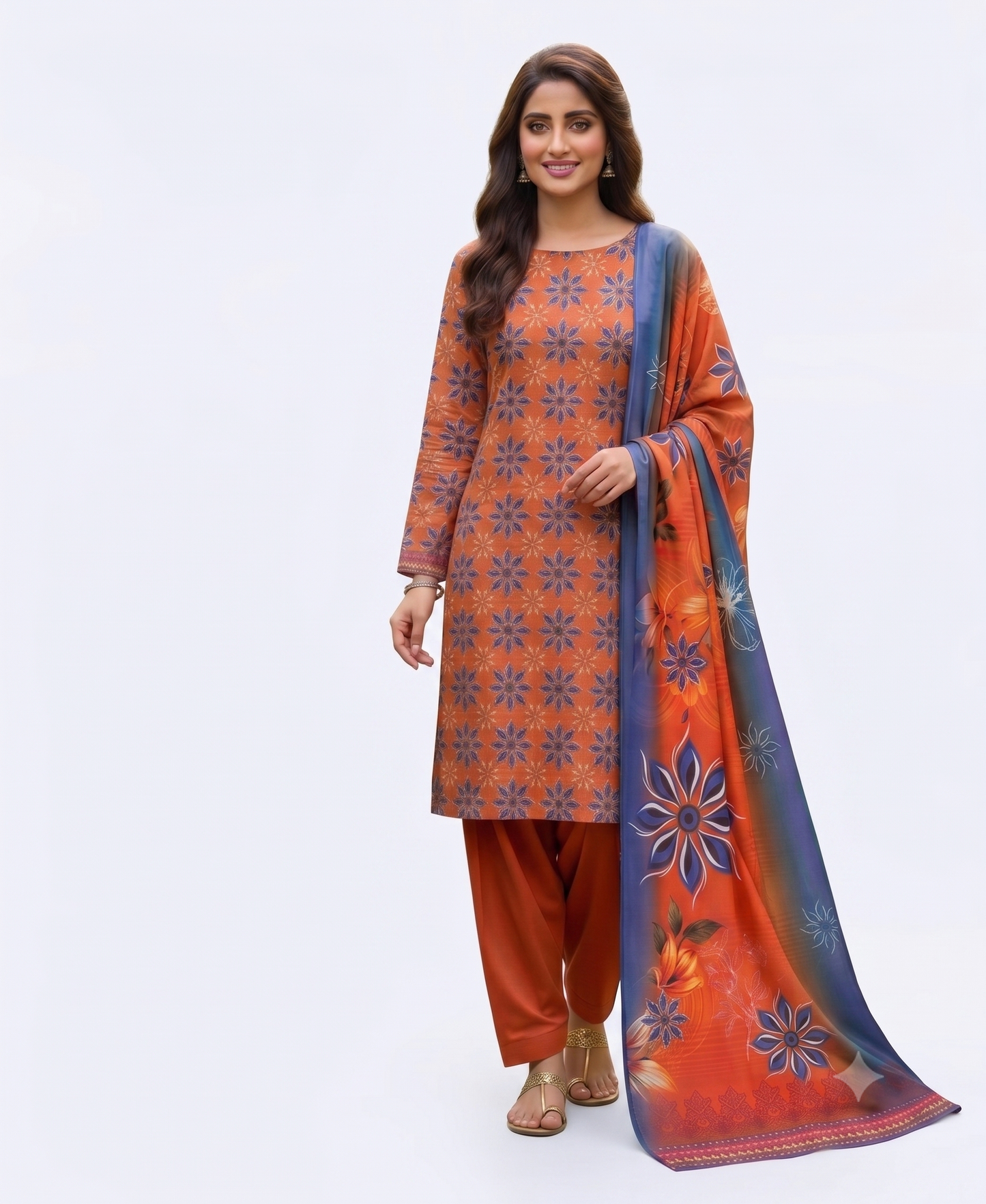 Classic Printed Lawn 3PC Unstitched Suit - Rust Orange
