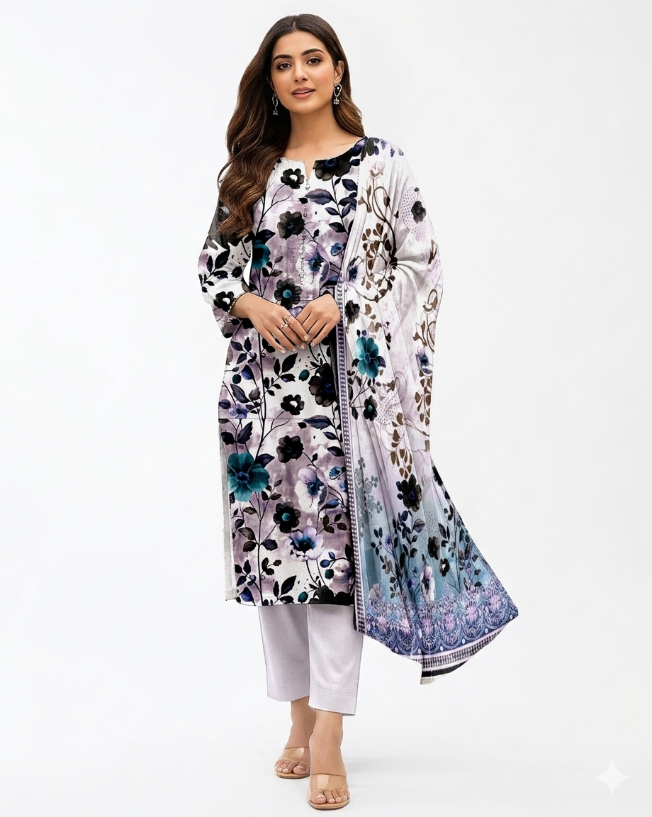 Serene Lilac Floral Dream – 3-Piece Unstitched Lawn Suit
