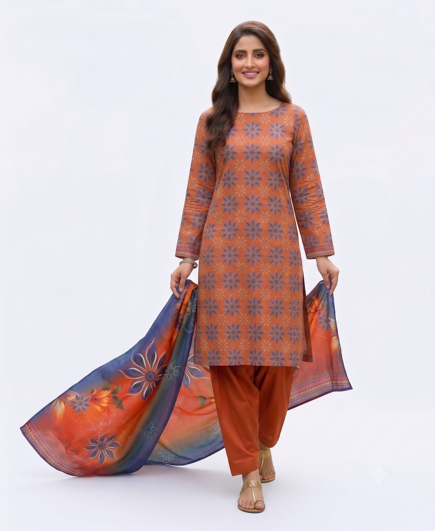 Classic Printed Lawn 3PC Unstitched Suit - Rust Orange