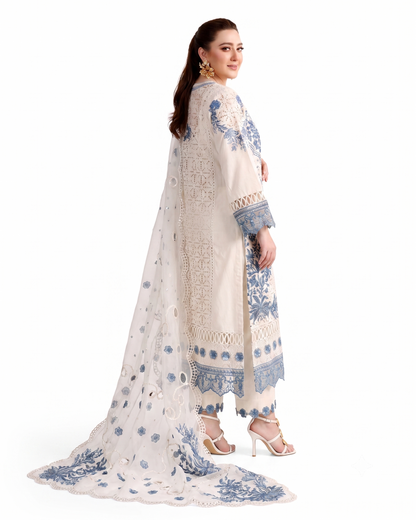 Aura by Aqsa – Premium Off-White & Royal Blue 3-Piece Luxury Chikankari Suit