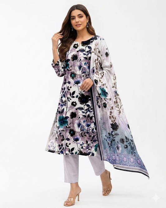 Serene Lilac Floral Dream – 3-Piece Unstitched Lawn Suit