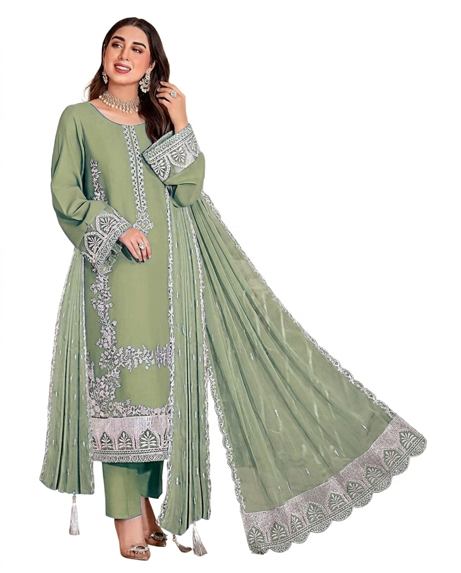 Sage Green Opulence – 3-Piece Embroidered Festive Suit