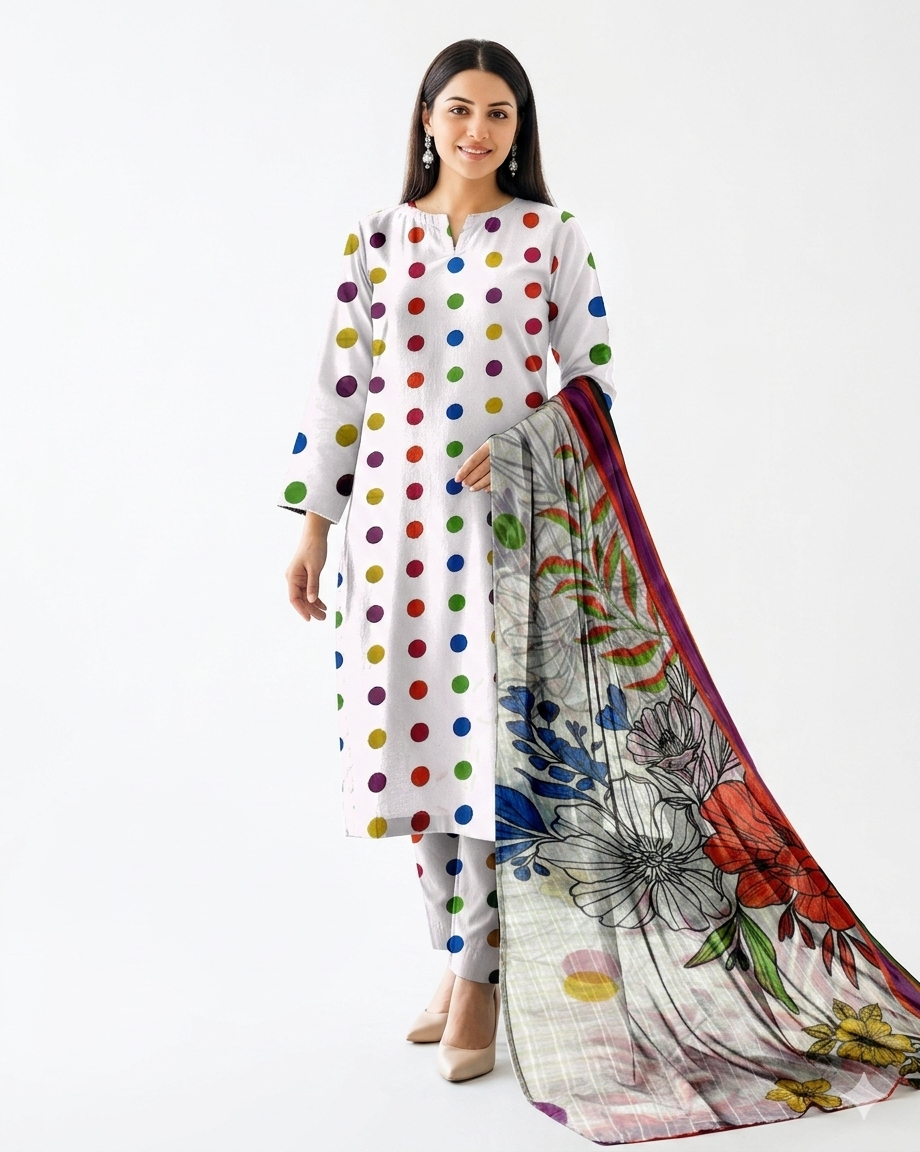 Playful Polka Dot Fusion – 3-Piece Unstitched Lawn Suit