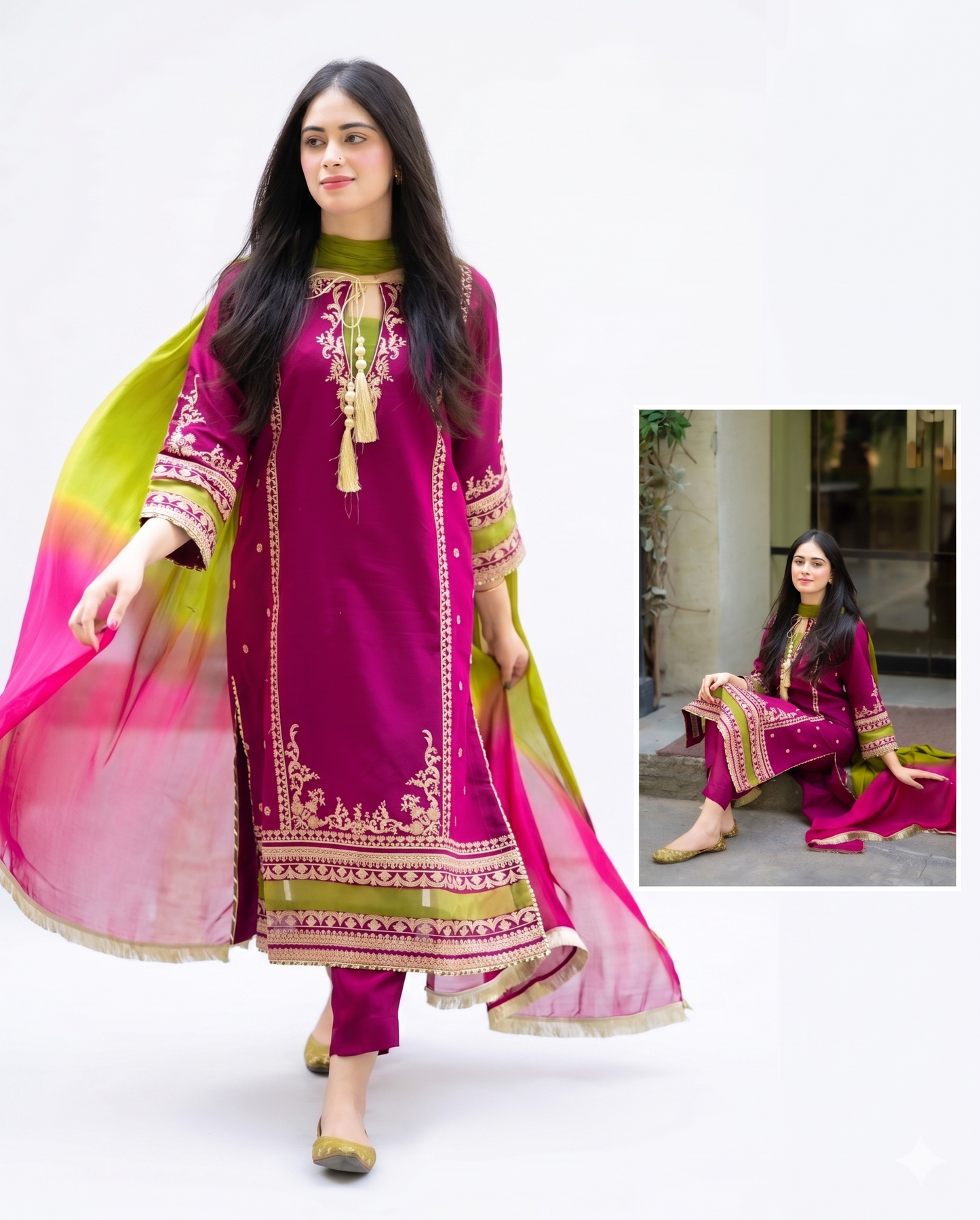Asim Jofa Festive Embroidered Luxury Lawn – Magenta & Lime Elegance (AK-3362)