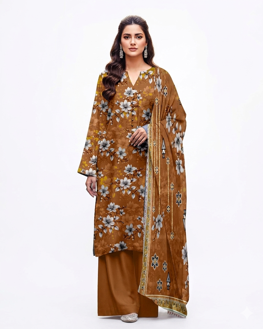 Earthy Ochre Floral – 3-Piece Unstitched Lawn Suite