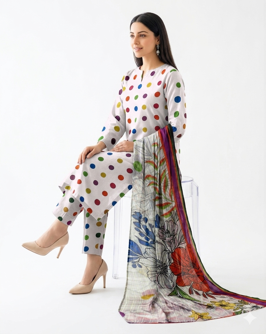 Playful Polka Dot Fusion – 3-Piece Unstitched Lawn Suit