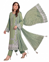 Sage Green Opulence – 3-Piece Embroidered Festive Suit
