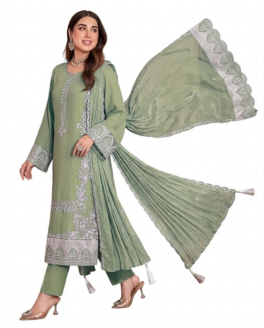 Sage Green Opulence – 3-Piece Embroidered Festive Suit