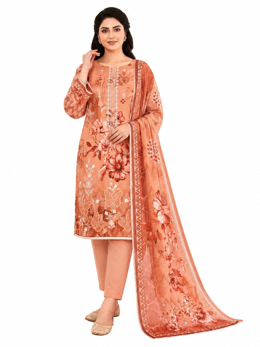 3 Piece Unstitched Digital Lawn Suit | Peach Blossom