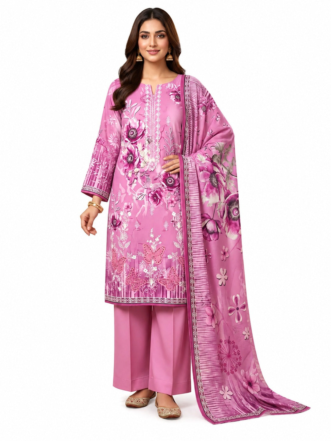 3 Piece Unstitched Digital Lawn Suit | Blossom Pink