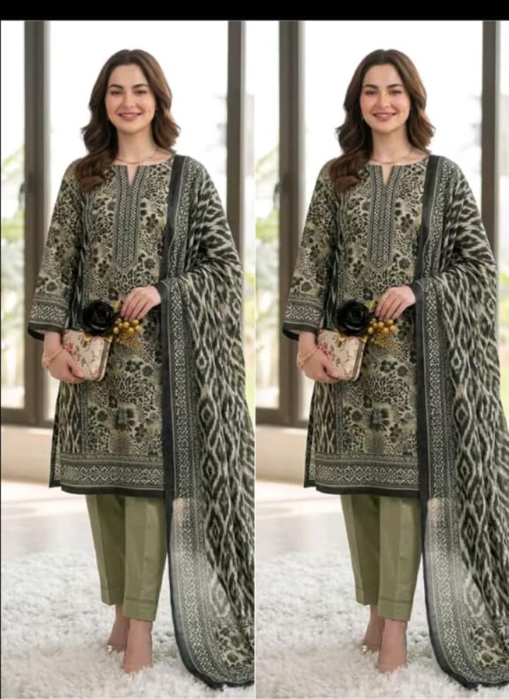 Olive Green Printed 3 Piece Lawn Suit | Timeless Elegance Collection