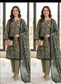 Olive Green Printed 3 Piece Lawn Suit | Timeless Elegance Collection