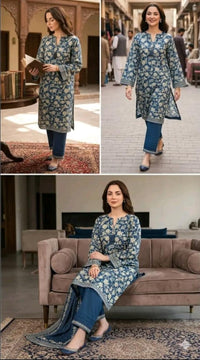 Azure Bloom Printed Kurta Trouser & Dupatta Set