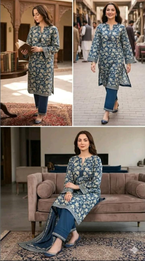 Azure Bloom Printed Kurta Trouser & Dupatta Set