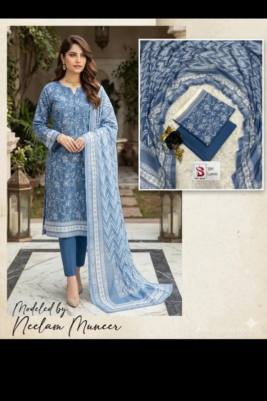 Sky Blue Floral 3 Piece Lawn Suit | Elegant Summer Wear