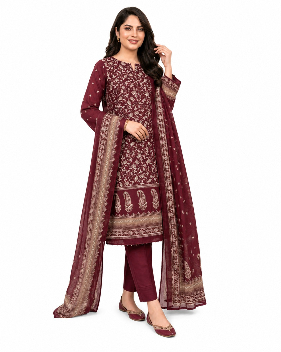 Maroon Paisley Printed 3 Piece Lawn Suit | Classic Elegance Collection
