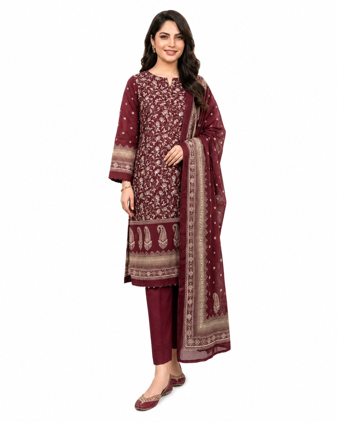 Maroon Paisley Printed 3 Piece Lawn Suit | Classic Elegance Collection