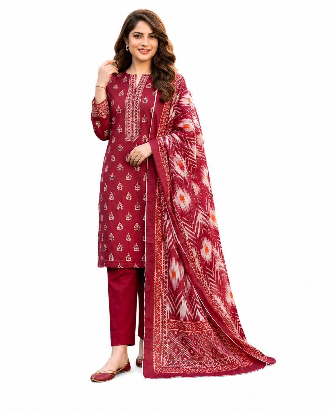 Ruby Red Printed 3 Piece Lawn Suit | Elegant Festive Collection