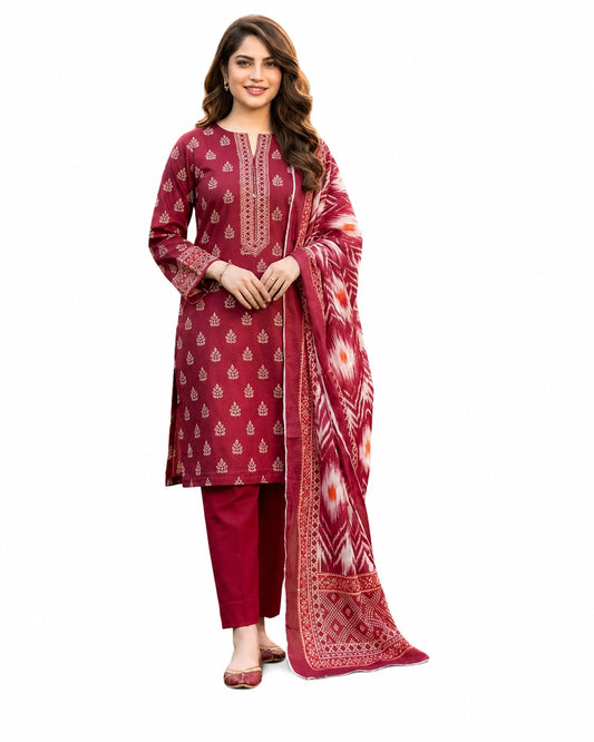 Ruby Red Printed 3 Piece Lawn Suit | Elegant Festive Collection
