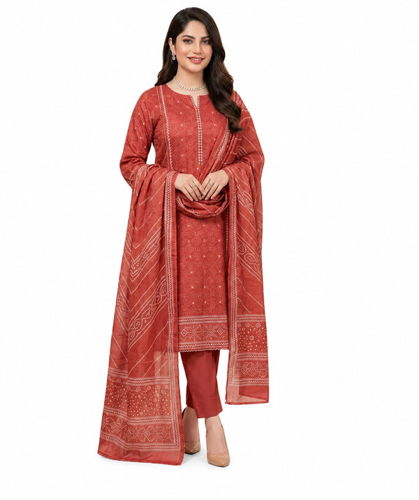 Coral Peach Embroidered 3 Piece Lawn Suit | Elegant Festive Collection