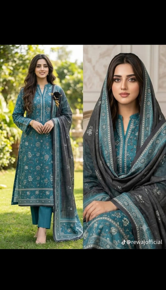 Elegant Teal Floral Printed 3-Piece Lawn Suit with Charcoal Dupatta