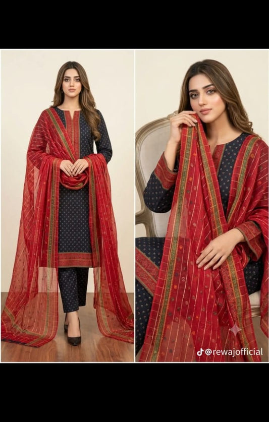 Classic Navy & Crimson 3-Piece Printed Suit with Organza Dupatta