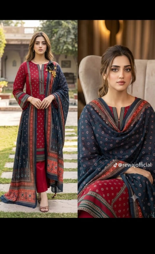 Ruby Red & Midnight Blue 3-Piece Ethnic Printed Suit with Designer Dupatta