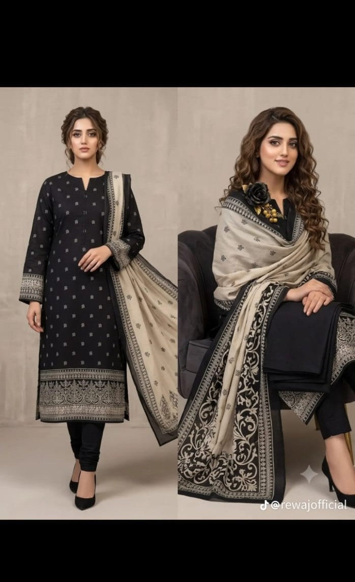 Elegant Charcoal Black 3-Piece Printed Suit with Contrast Dupatta