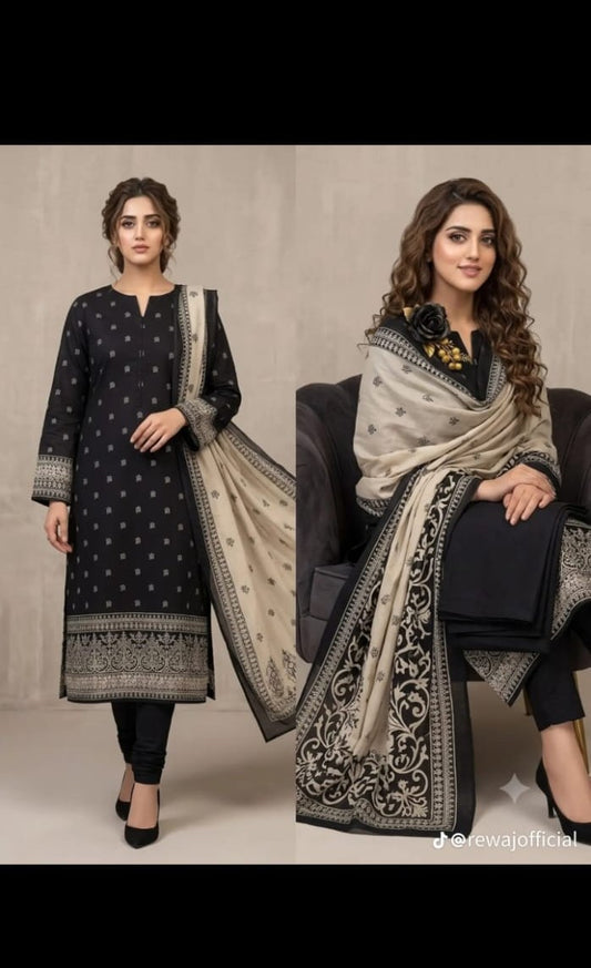 Elegant Charcoal Black 3-Piece Printed Suit with Contrast Dupatta