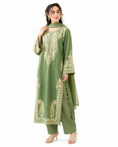 Elegant Olive Green Embroidered 3 Piece Lawn Suit