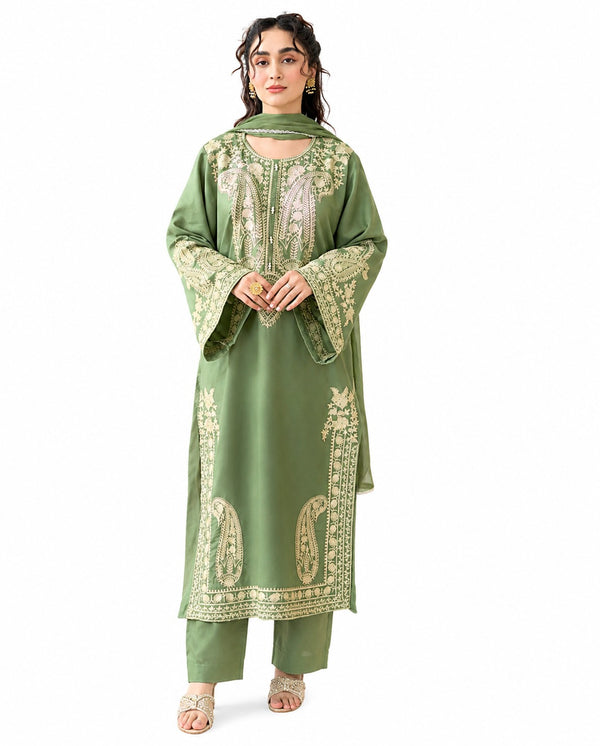 Elegant Olive Green Embroidered 3 Piece Lawn Suit