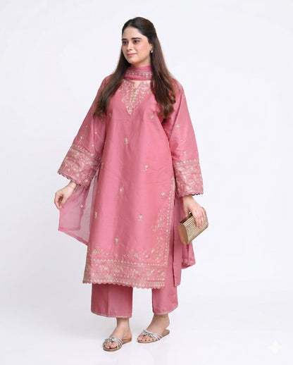 Elegant Rose Pink Embroidered 3 Piece Lawn Suit