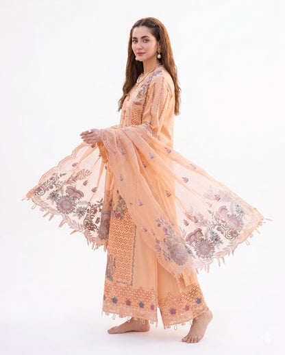 Luxury Peach Floral Embroidered 3 Piece Lawn Suit