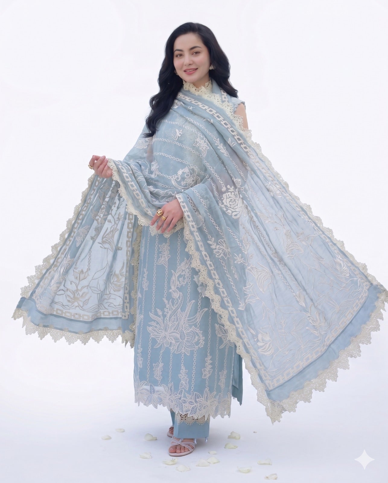 Luxury Ice Blue Embroidered 3 Piece Lawn Suit
