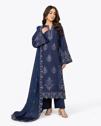 Elegant Midnight Blue Embroidered 3 Piece Lawn Suit