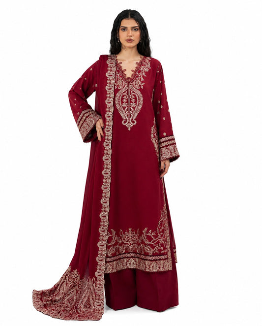 Luxury Ruby Red Embroidered 3 Piece Lawn Suit