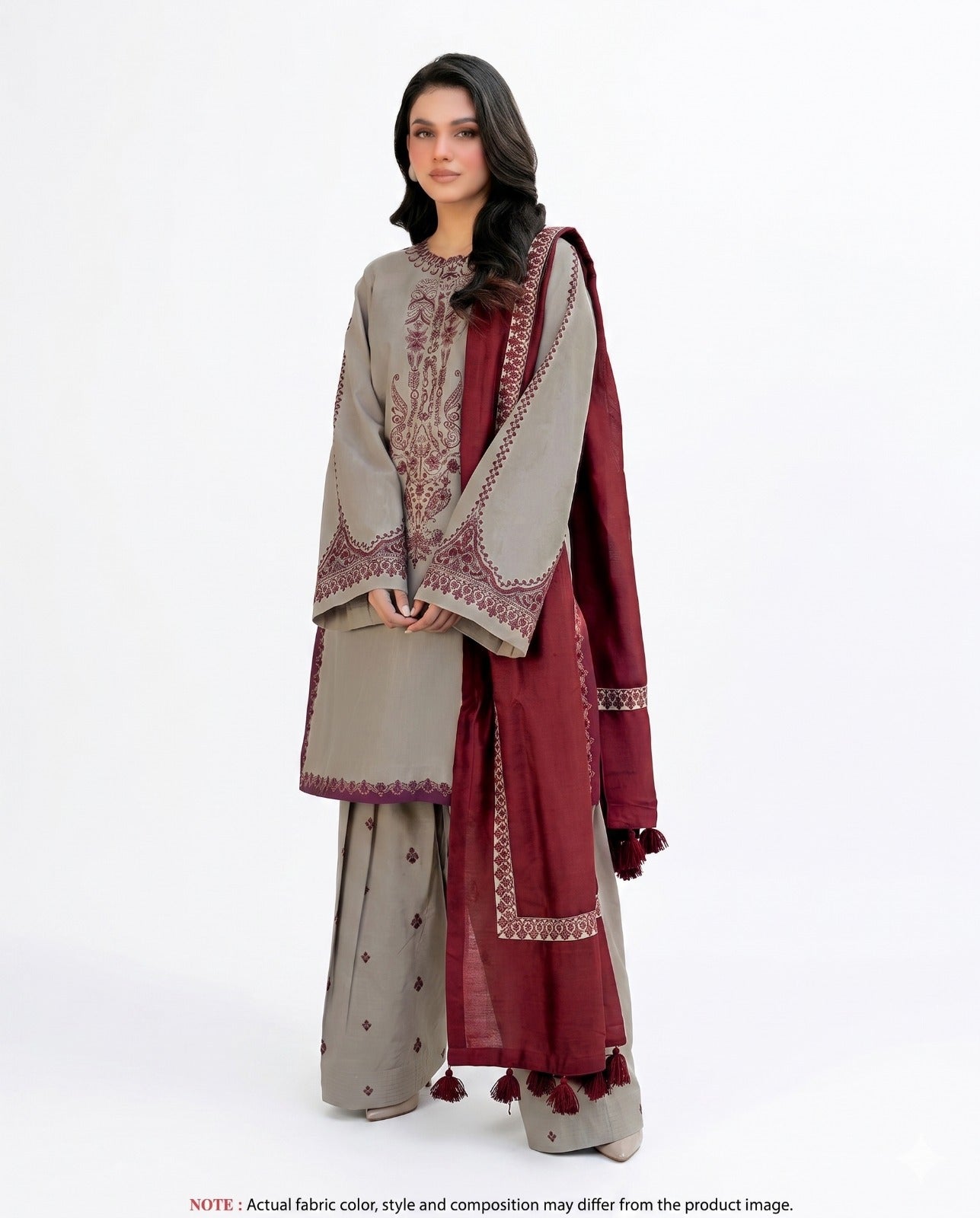 Elegant Stone Grey & Maroon Embroidered 3 Piece Lawn Suit