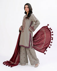 Elegant Stone Grey & Maroon Embroidered 3 Piece Lawn Suit