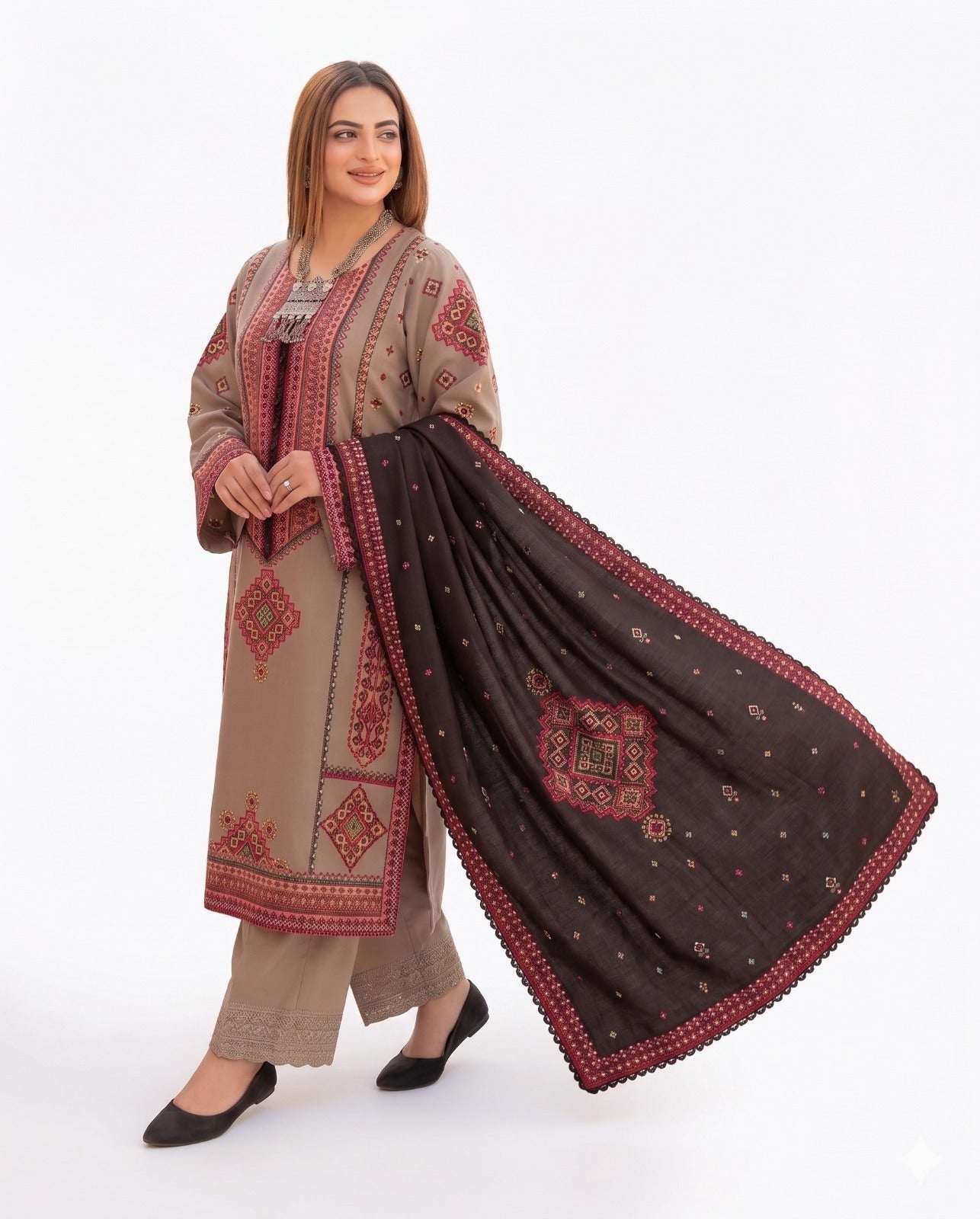 Elegant Taupe & Maroon Printed 3 Piece Lawn Suit