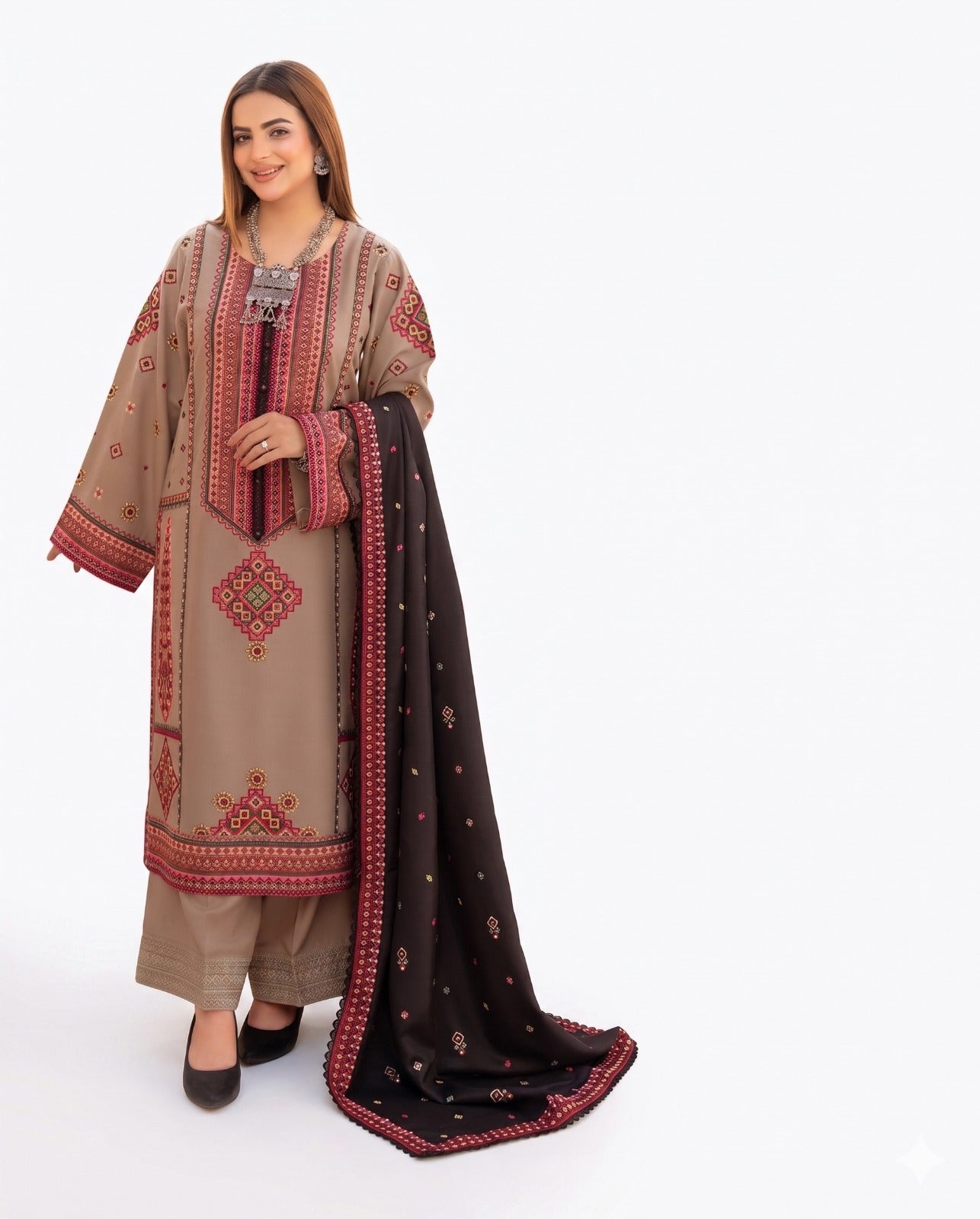 Elegant Taupe & Maroon Printed 3 Piece Lawn Suit