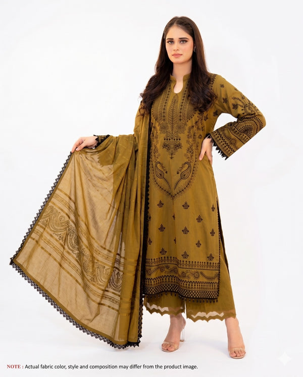 Elegant Mustard Brown Printed 3 Piece Lawn Suit