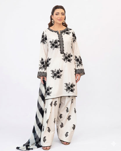 Elegant Ivory & Black Embroidered 3 Piece Lawn Suit