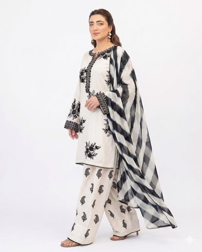 Elegant Ivory & Black Embroidered 3 Piece Lawn Suit