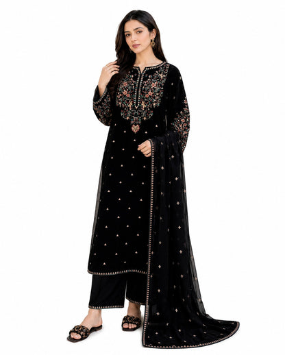 Midnight Bloom Embroidered 3-Piece Lawn Suit